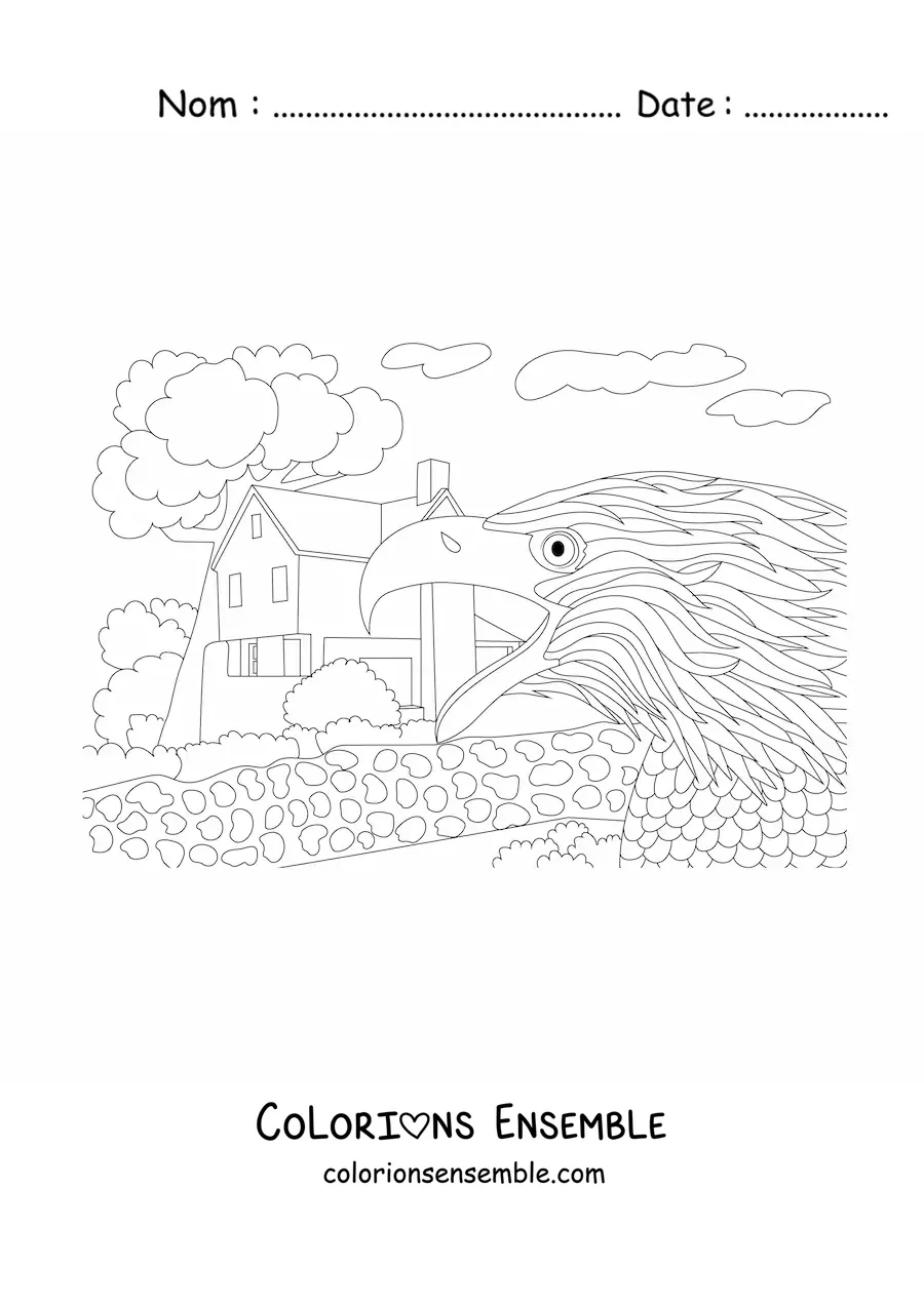 Image à colorier d’un aigle près d’une maison