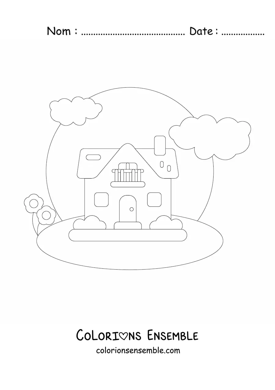 Image à colorier d’une maison avec une cheminée et un balcon