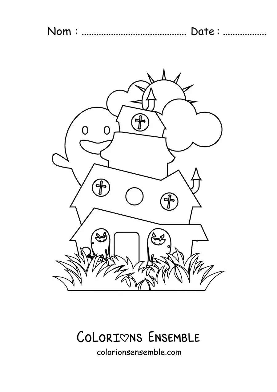 Image à colorier d’une maison de l’horreur avec des fantômes