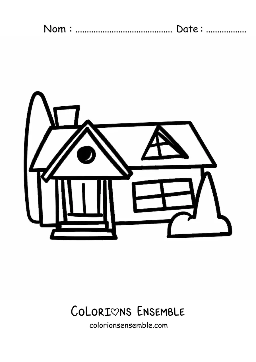 Image à colorier d’une maison toute simple avec des buissons