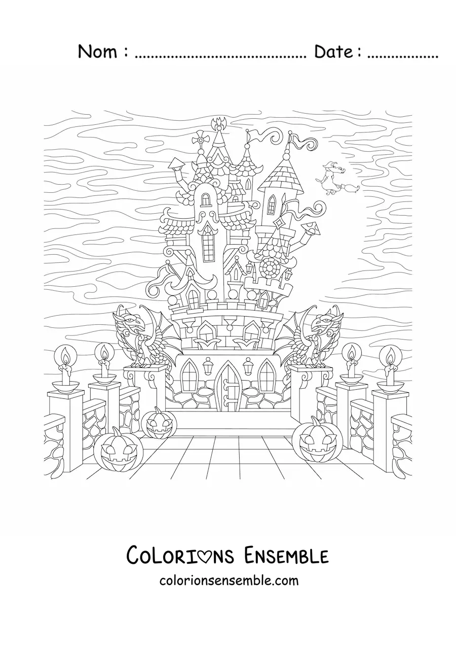 Image à colorier d’un château hanté avec des sorcières et des fantômes