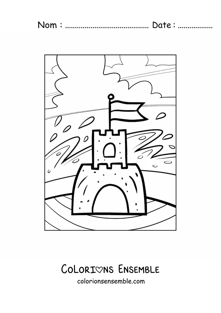 Image à colorier d’un château de sable sur la plage