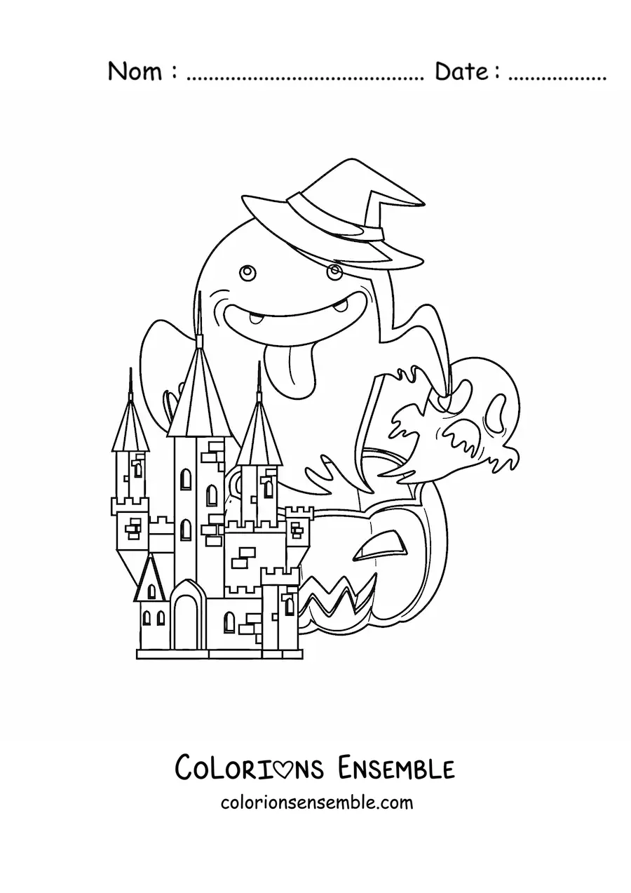 Image à colorier d’un château de l’horreur avec des fantômes