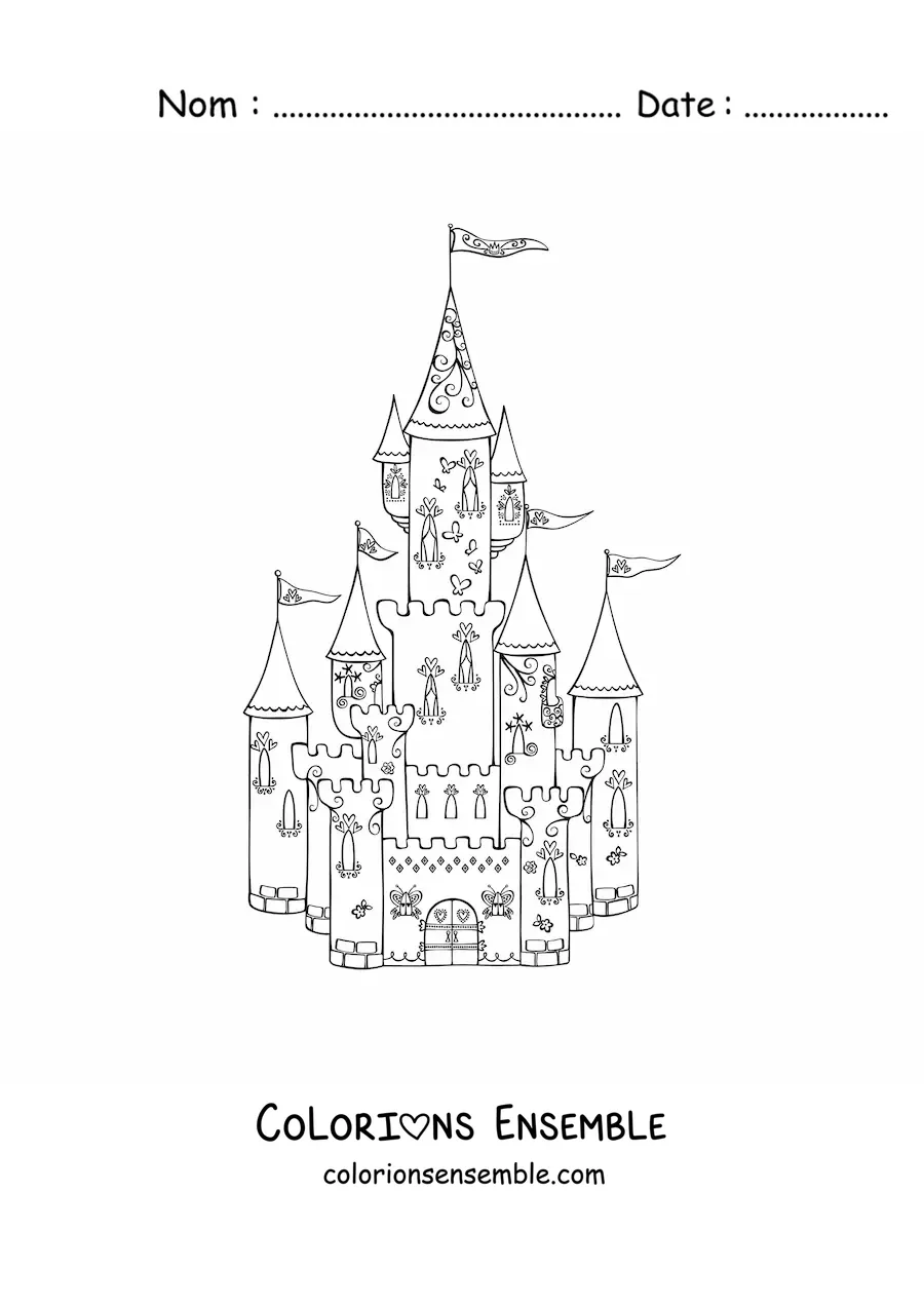 Image à colorier d’un château de princesse avec des tours et des drapeaux