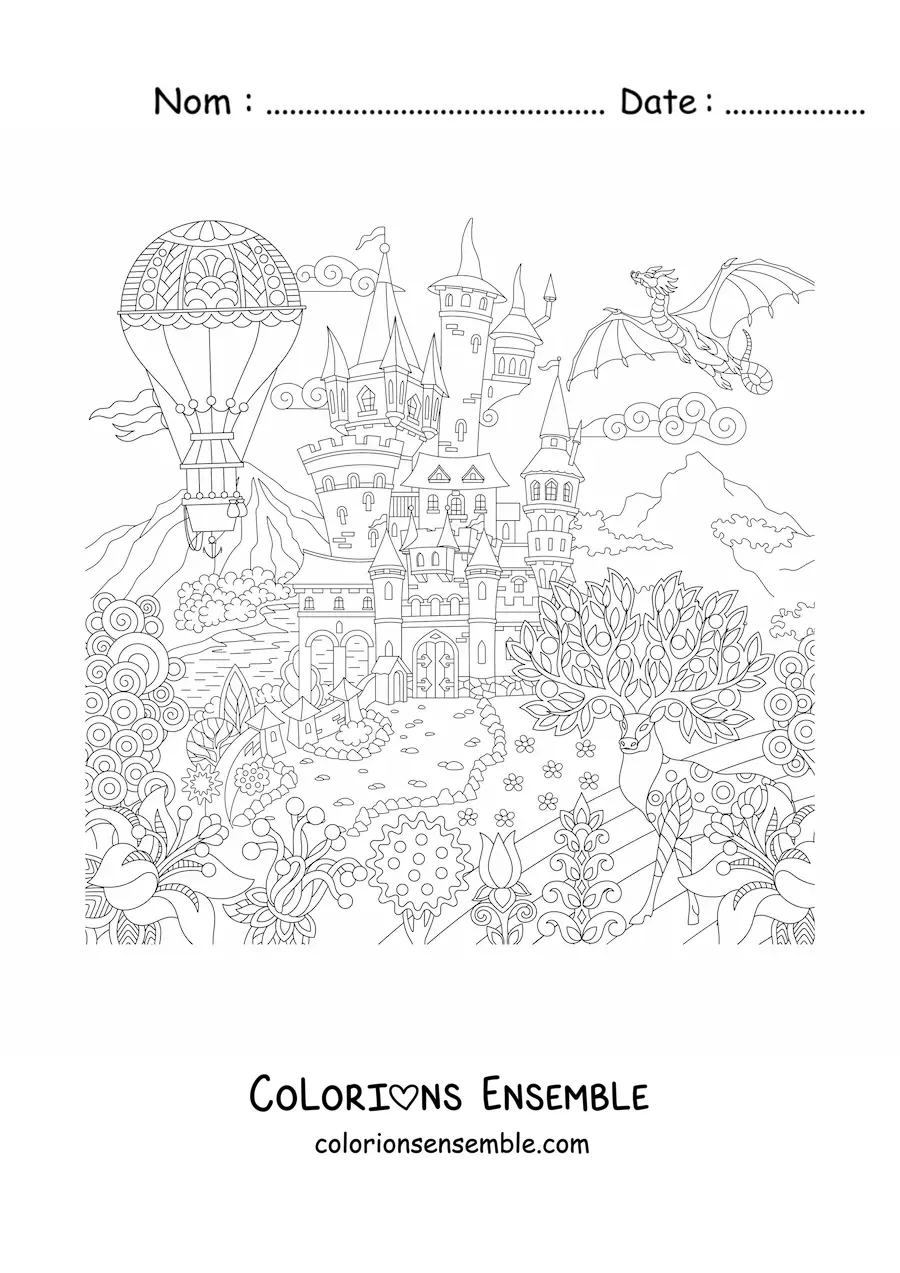 Image à colorier d’un château fantastique médiéval