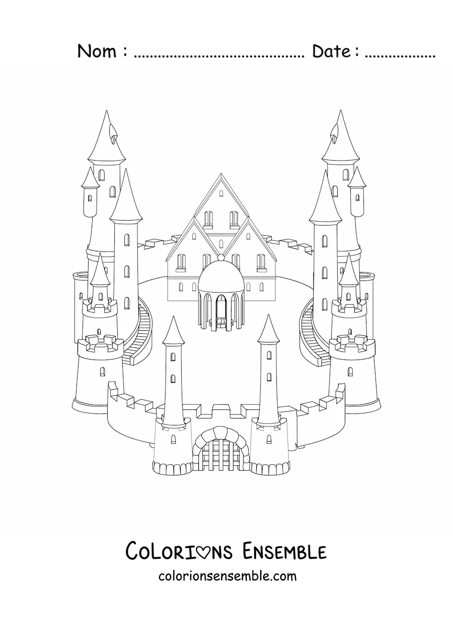 Image à colorier d’un château avec un rempart