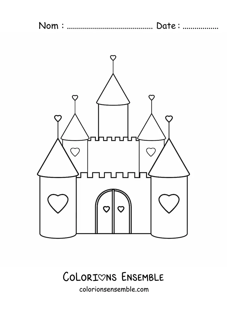 Image à colorier d’un château kawaii décoré de cœurs