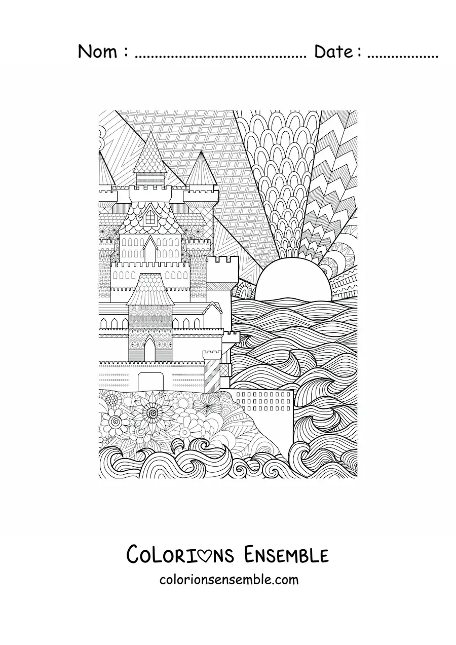Image à colorier d’un château dessiné avec un design géométrique