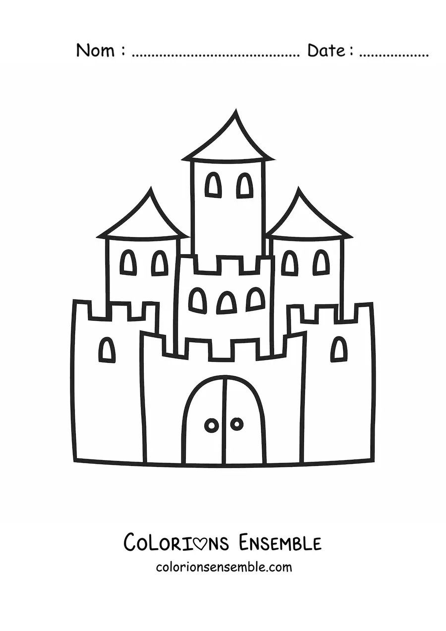 Image à colorier d’un château avec trois tours et un rempart