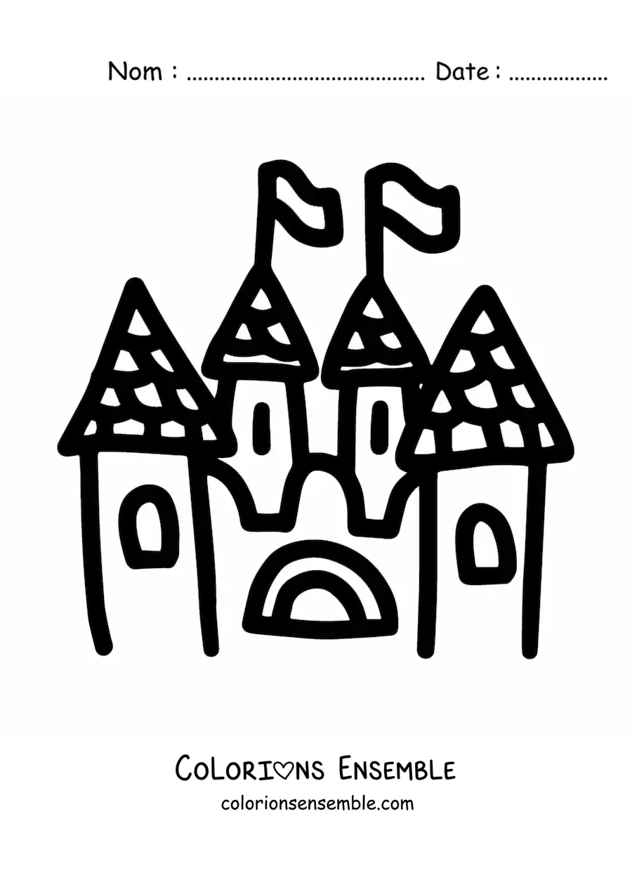 Image à colorier d'un château de dessin animé avec quatre tours et des fanions