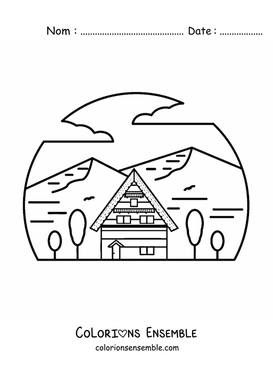 Image à colorier d'une cabane entourée de montagnes