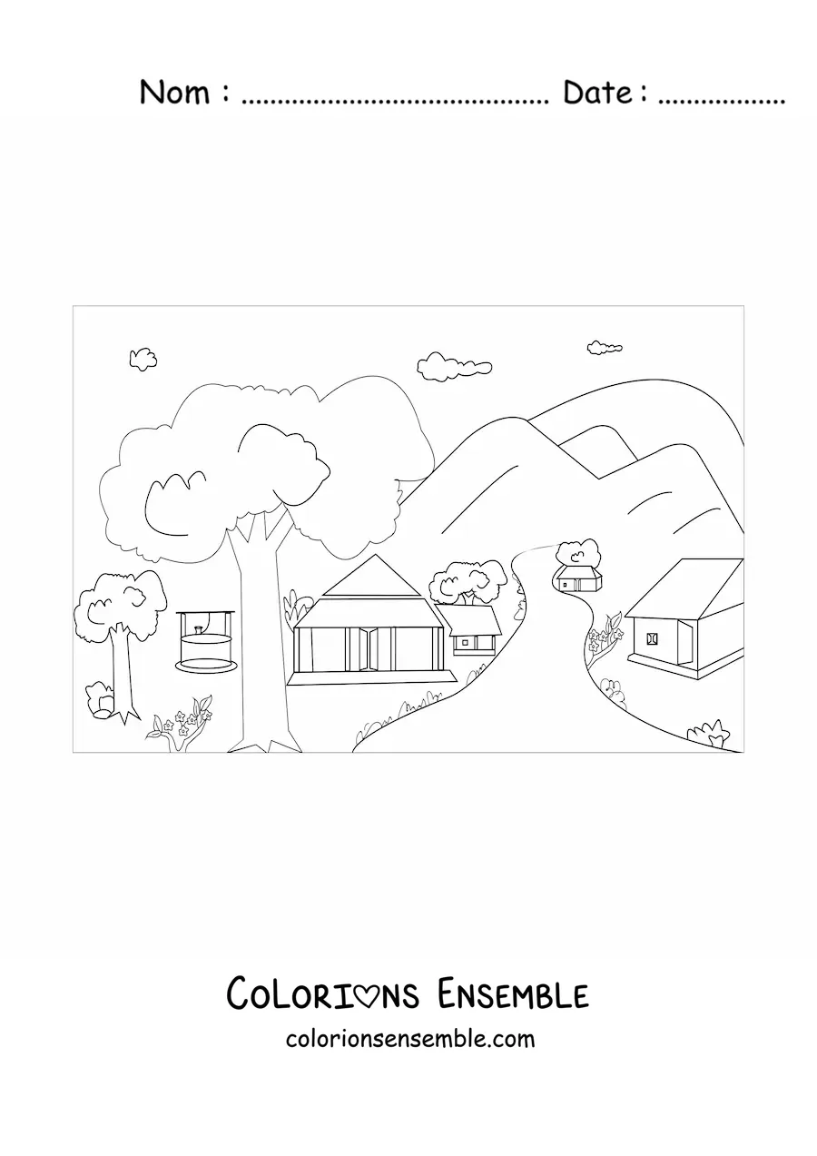 Image à colorier d'un paysage avec plusieurs cabanes