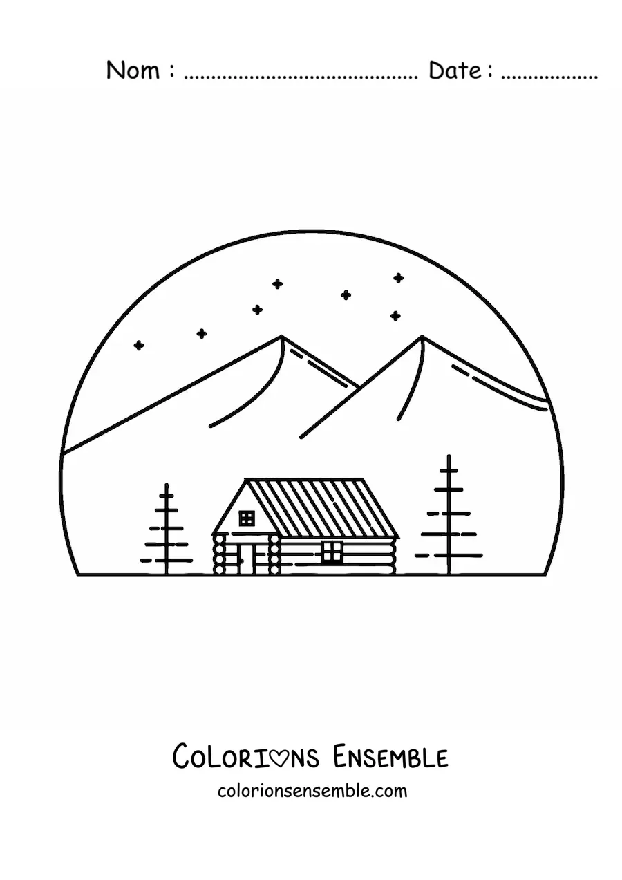 Image à colorier d'une cabane sur une montagne