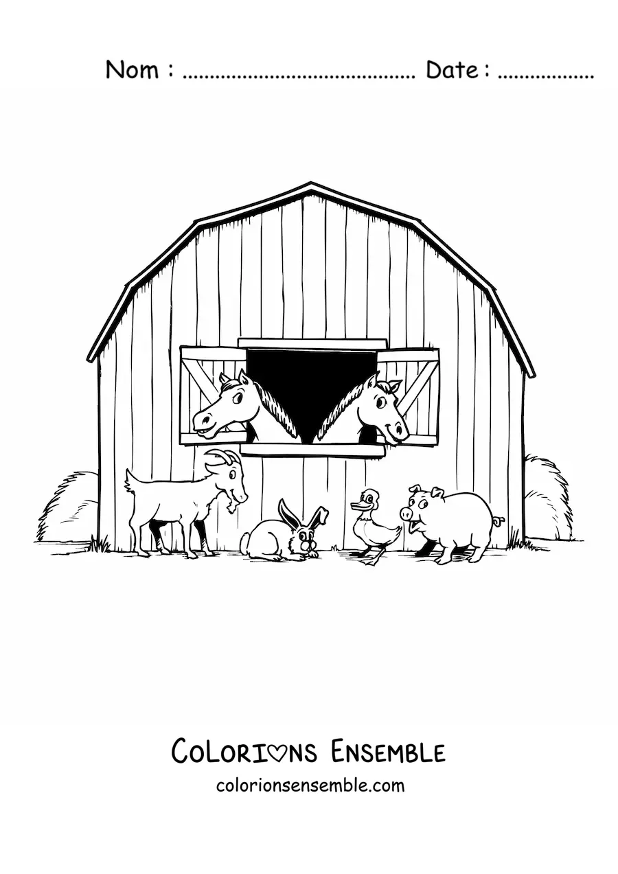 Image à colorier de l’écurie d’une ferme avec deux chevaux et d’autres animaux