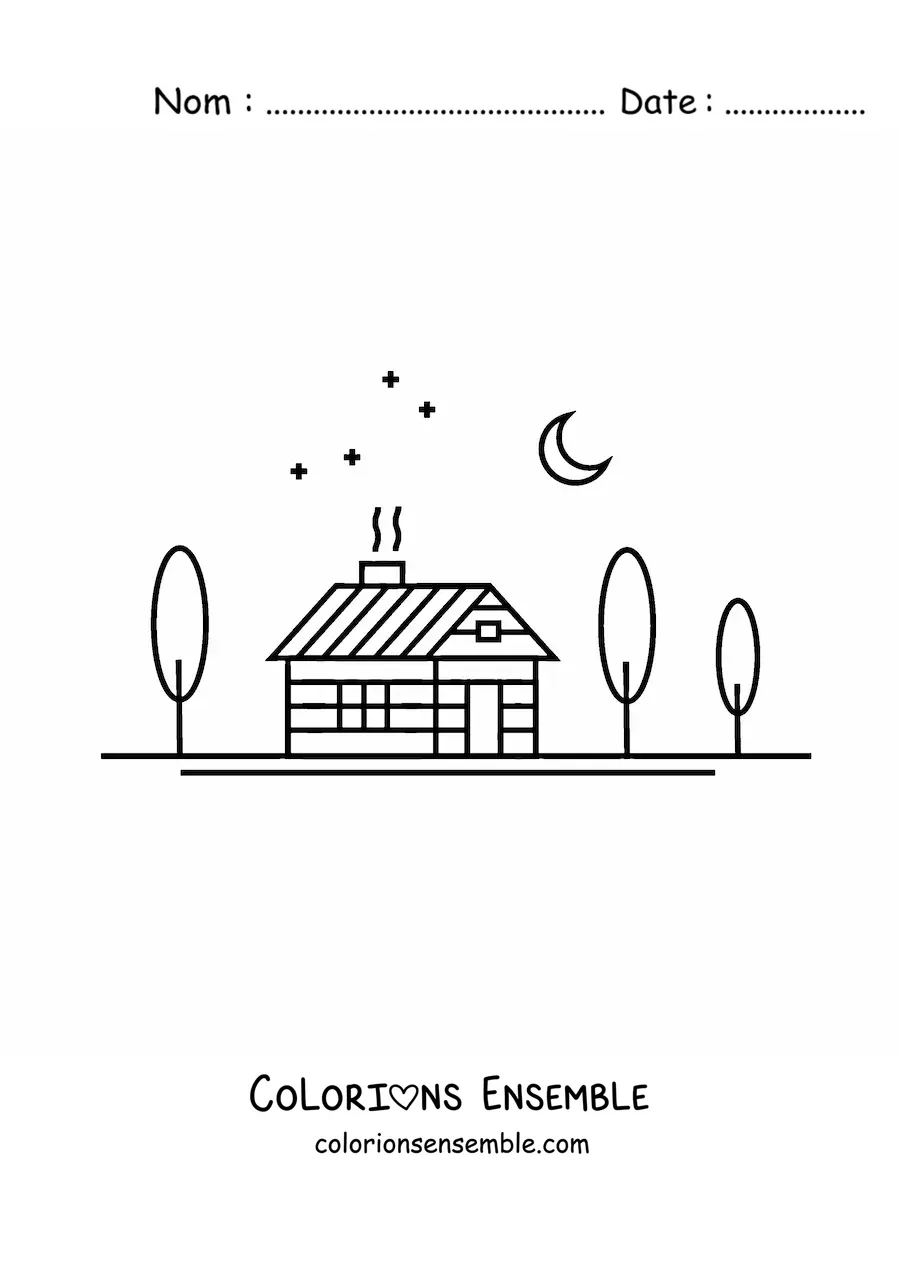 Image à colorier d'une cabane dans une forêt la nuit