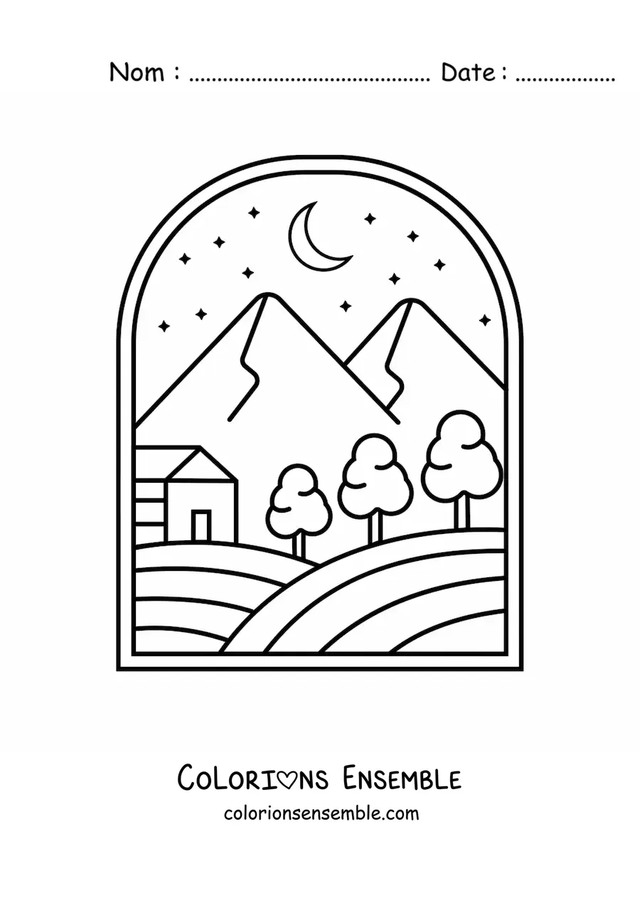 Image à colorier d'un paysage de forêt avec une cabane
