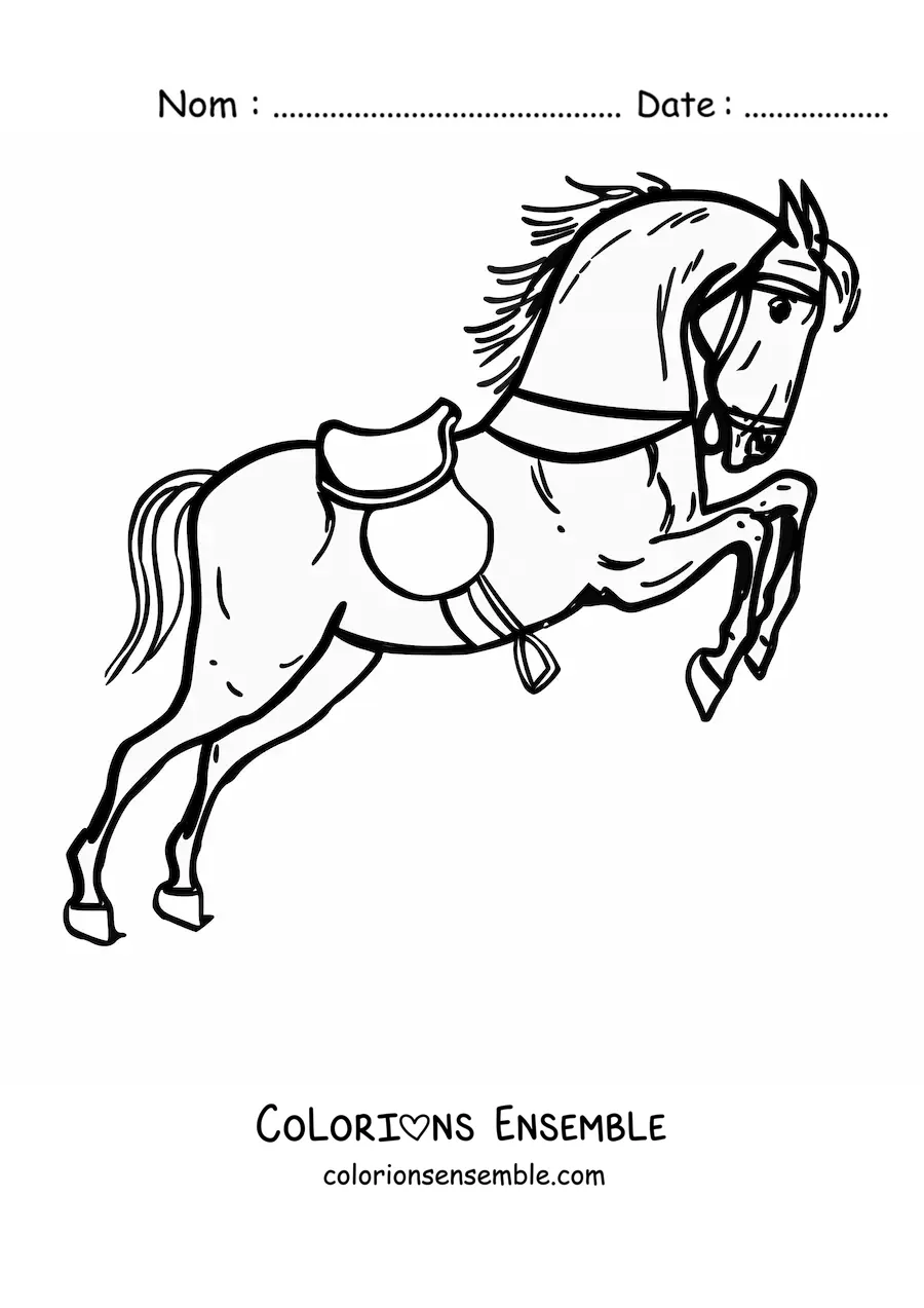 Image à colorier d’un cheval sellé et bridé sautant sur ses pattes arrière