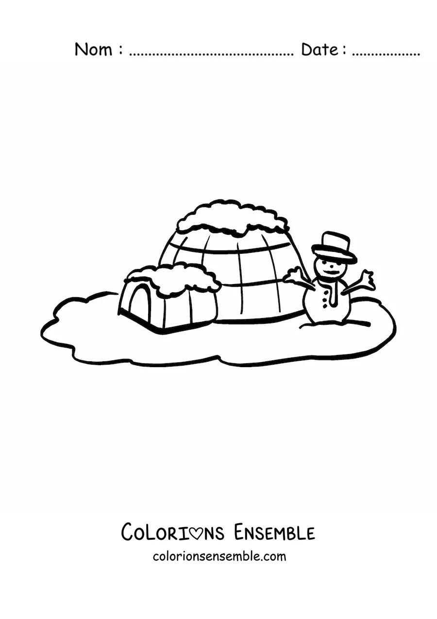 Image à colorier d'un igloo avec un bonhomme de neige
