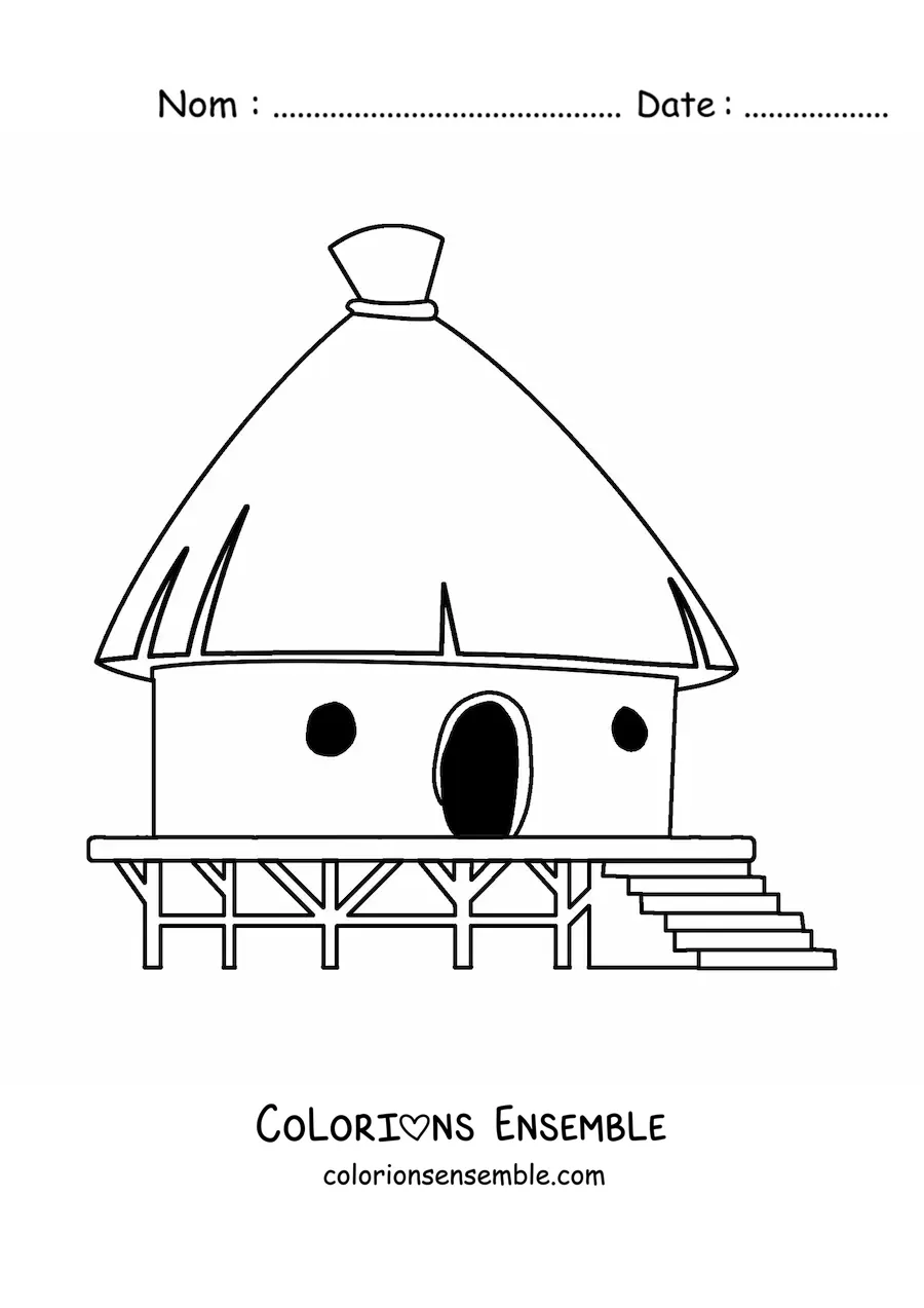 Image à colorier d'une hutte traditionnelle sur une base en bois