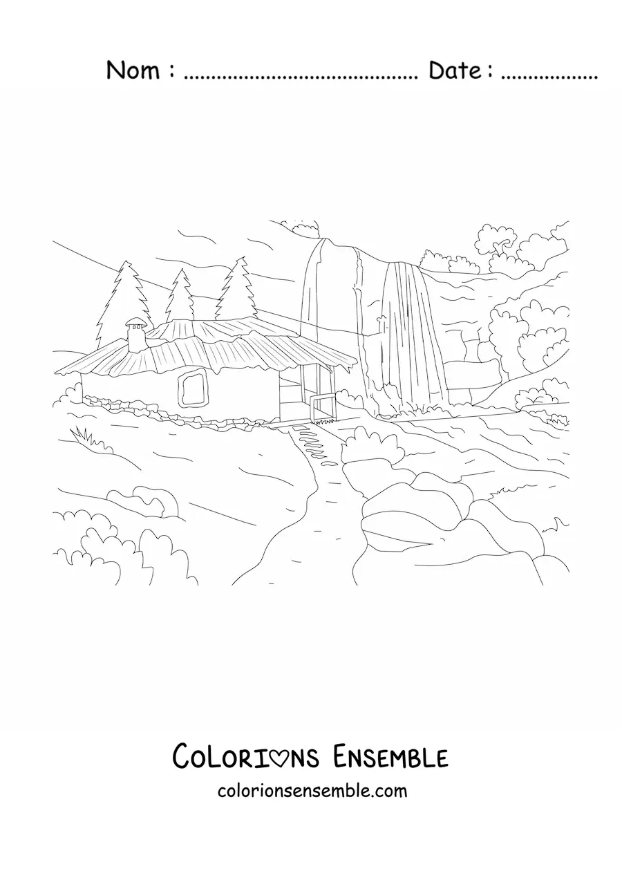 Image à colorier d'une hutte au milieu d'une forêt