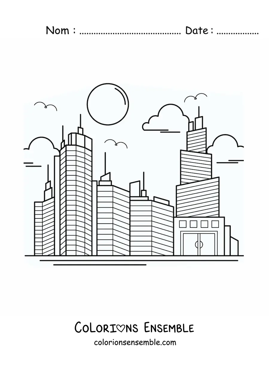 Image à colorier de plusieurs gratte-ciel dans une ville