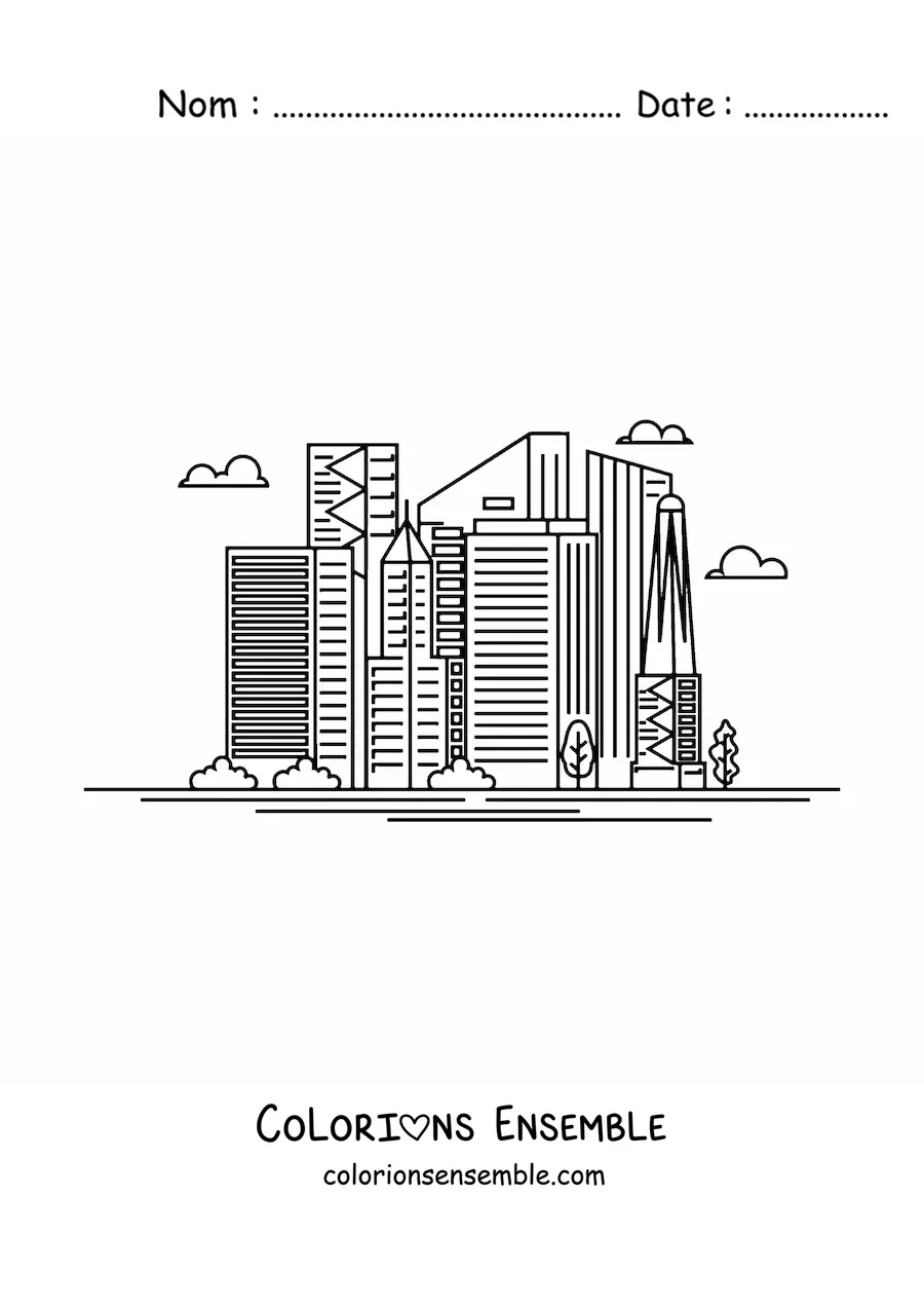 Image à colorier d'une ville moderne avec des gratte-ciel