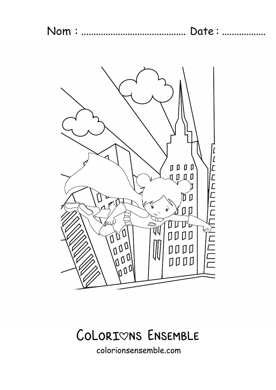 Image à colorier d'une fillette super-héroïne volant dans une ville avec des gratte-ciel