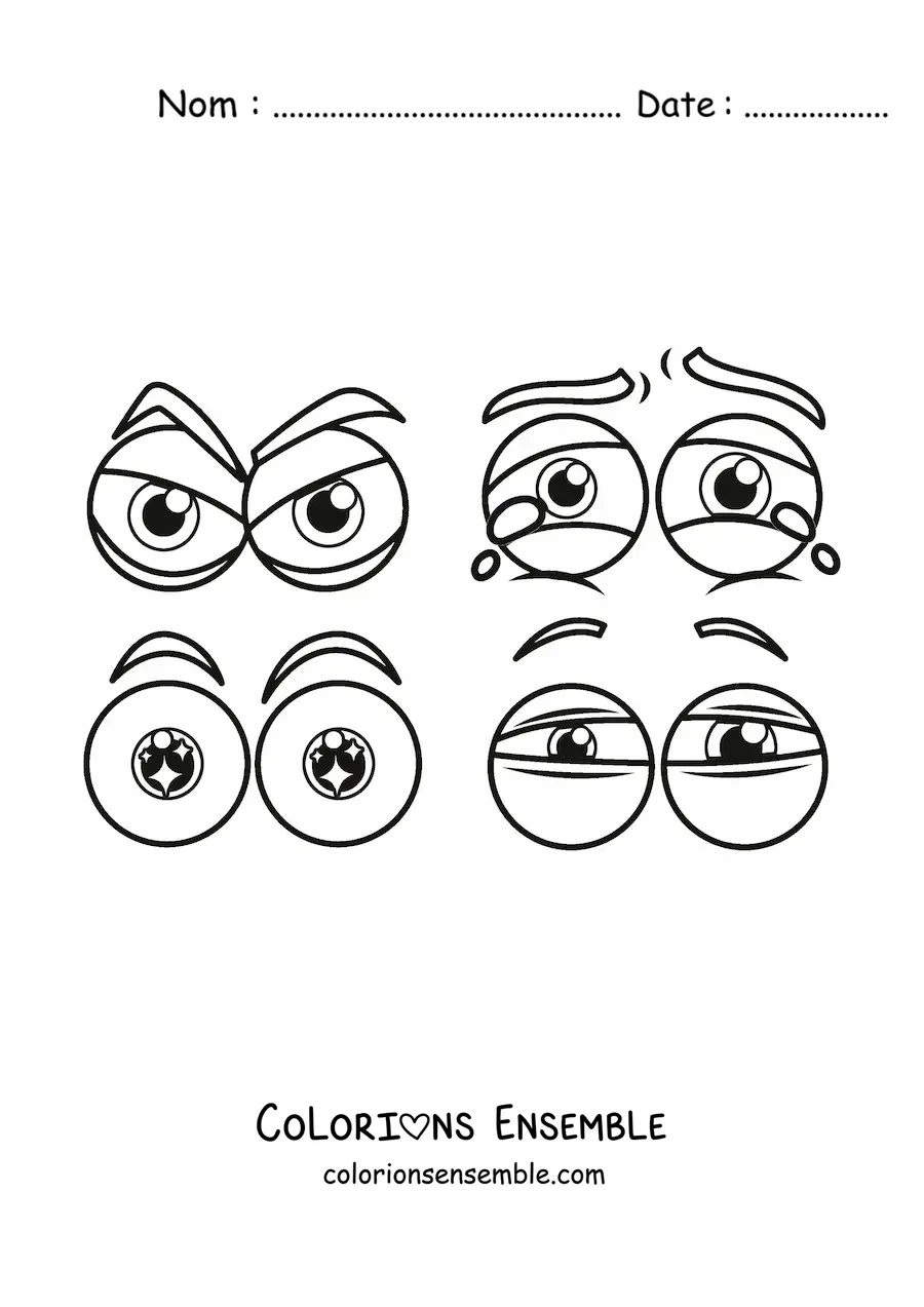 Image à colorier de quatre paires d'yeux de style dessin animé exprimant différentes émotions