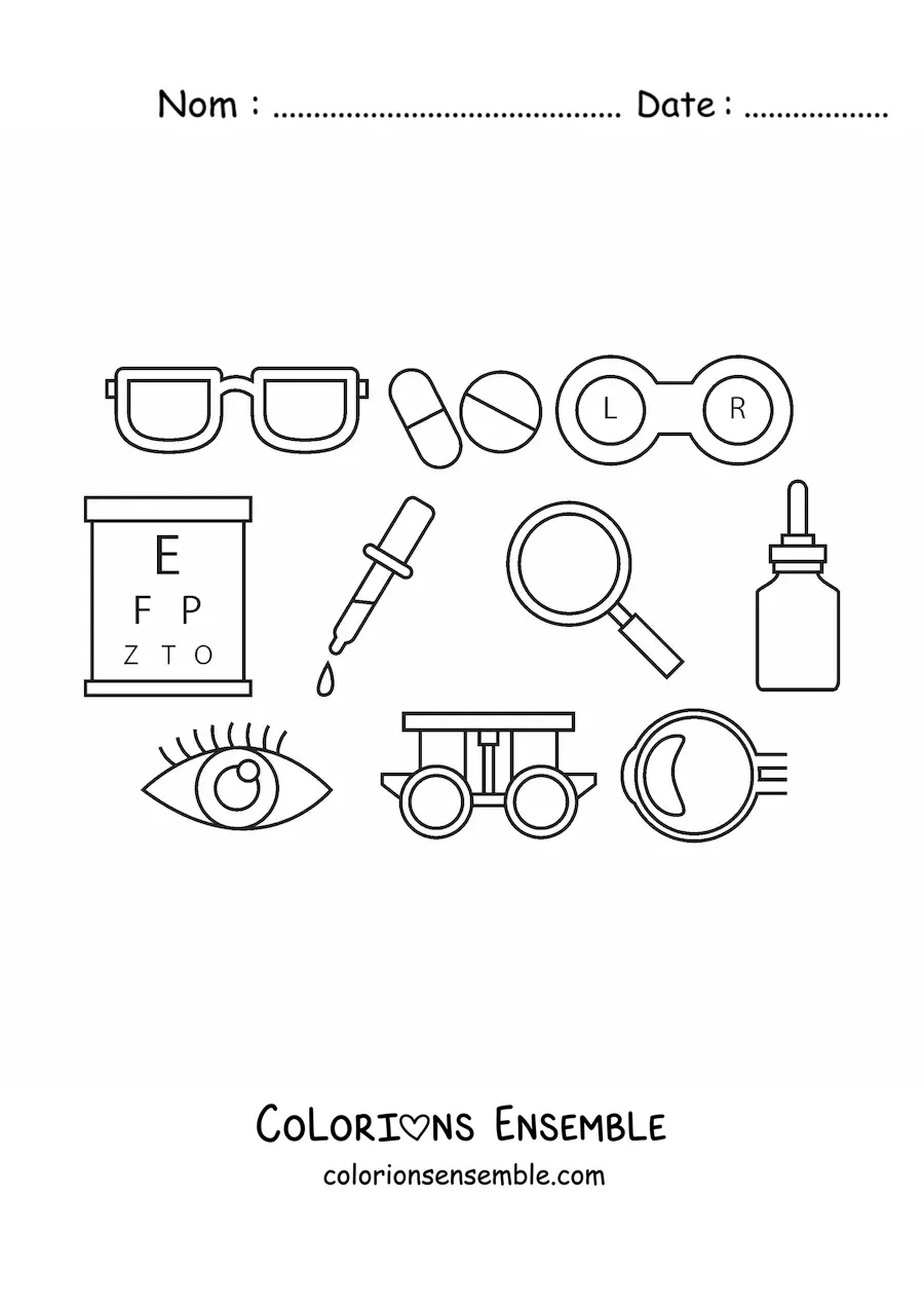 Image à colorier de différents éléments d'ophtalmologie