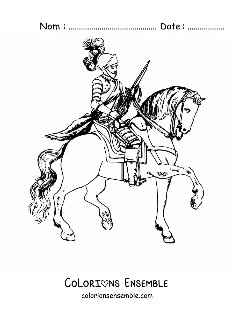 Image à colorier d’un chevalier en armure montant un cheval