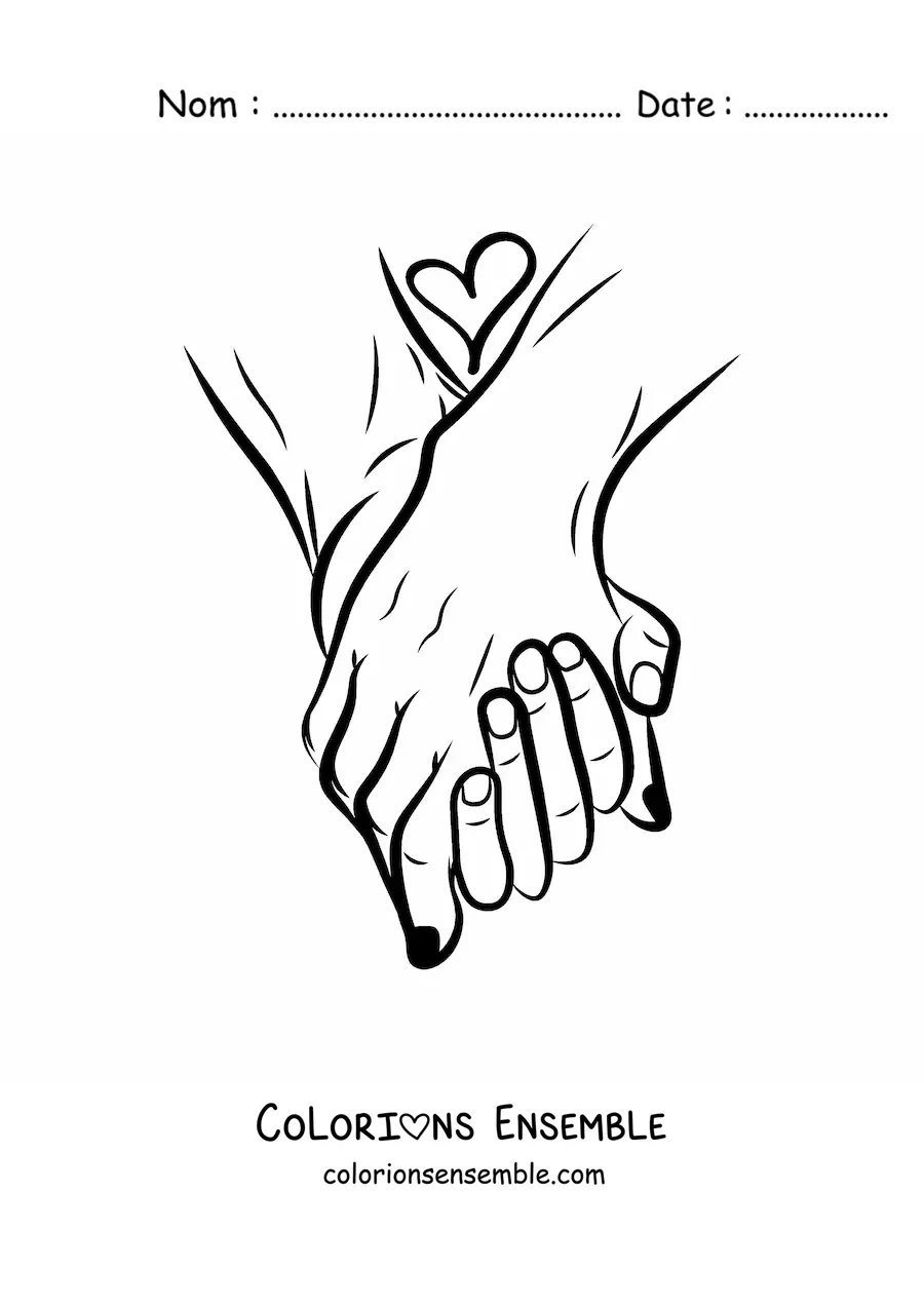 Image à colorier d'une paire de mains amoureuses entrelacées avec un cœur