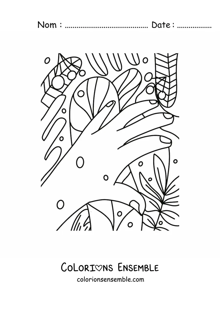 Image à colorier d'une jolie main avec des plantes en arrière-plan