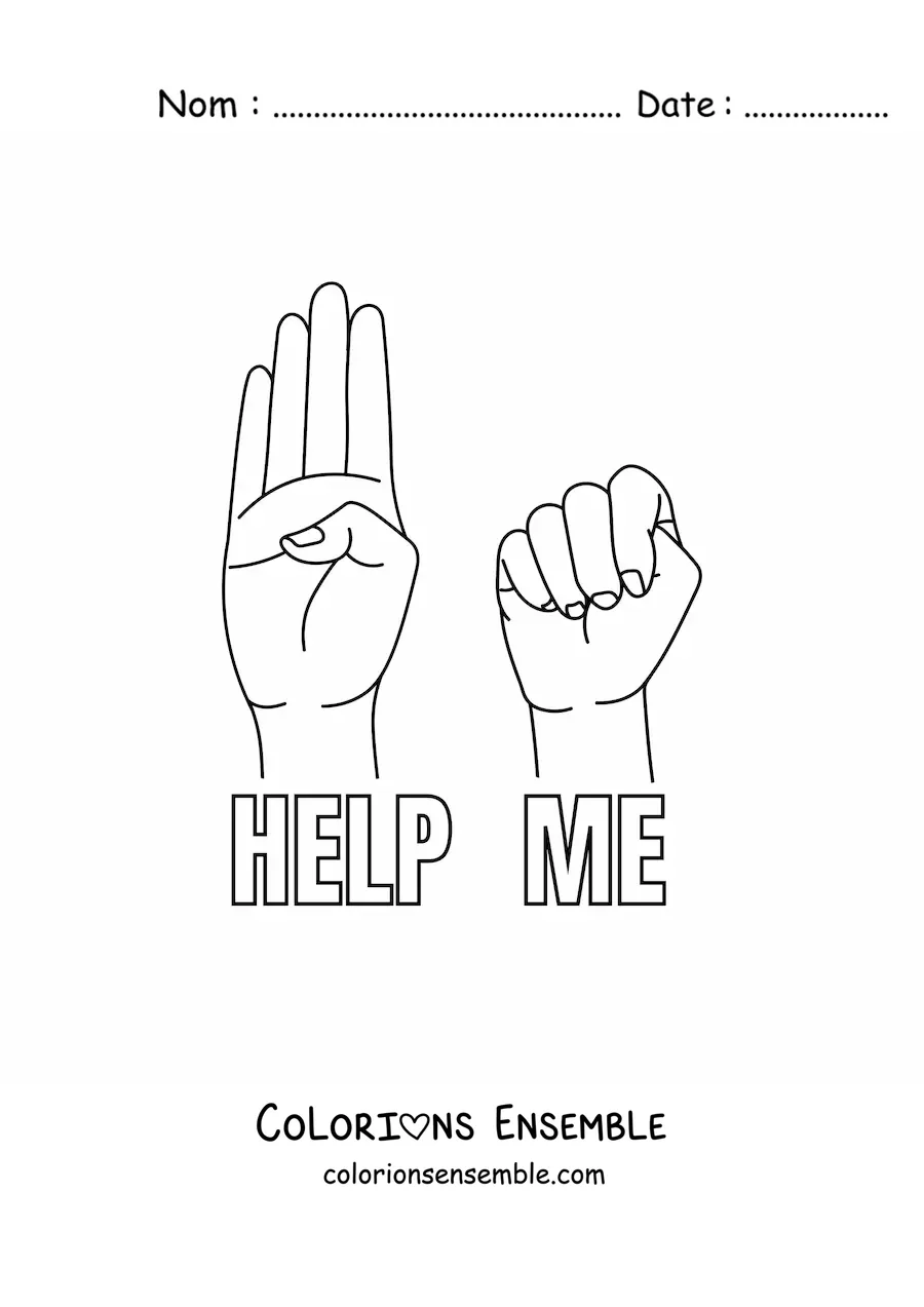 Image à colorier de mains faisant le signe d'appel à l'aide pour les victimes de violences