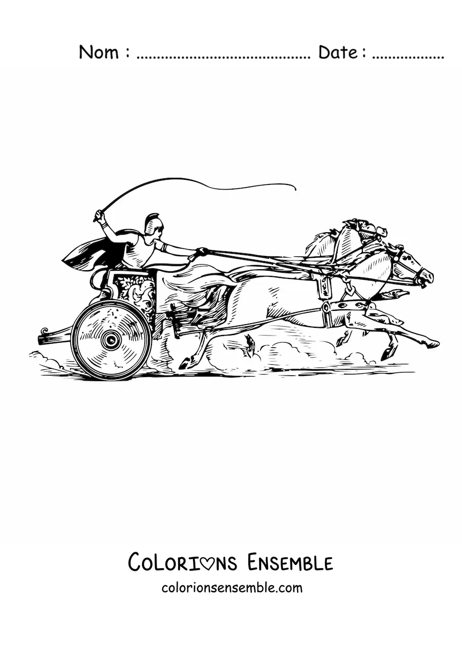 Coloriage d'une aurige romaine lancée à toute vitesse, menée par deux chevaux