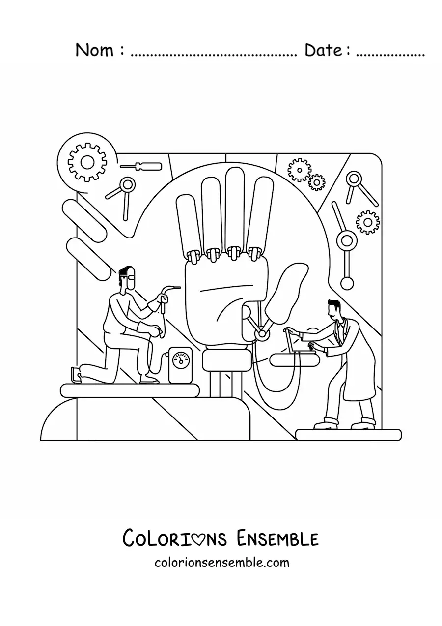 Image à colorier d'ingénieurs construisant une main bionique géante