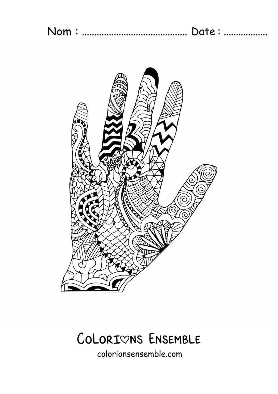 Image à colorier d'une main avec un motif de mandala