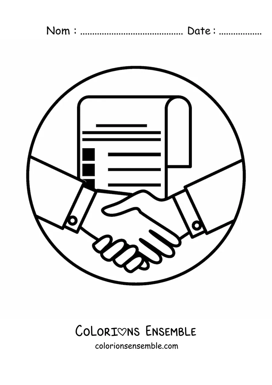 Image à colorier d'une poignée de main concluant un accord, avec un contrat en arrière-plan