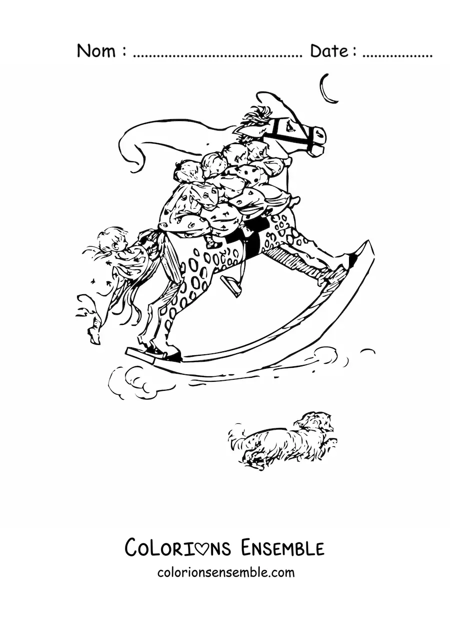 Coloriage de cinq petits enfants sur une grande balançoire en forme de cheval