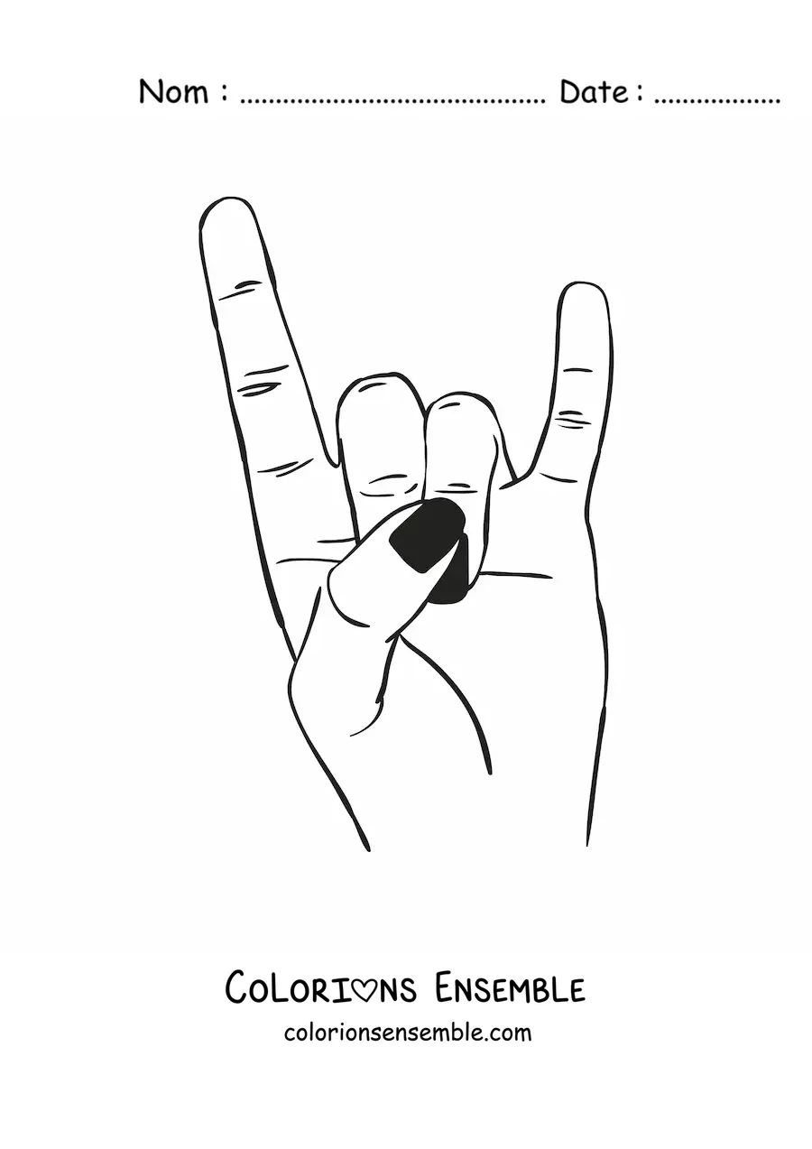 Coloriage d'une main aux ongles noirs faisant le signe du rock
