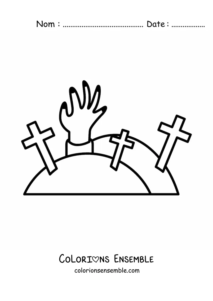 Coloriage d'Halloween d'une main de zombie dans un cimetière
