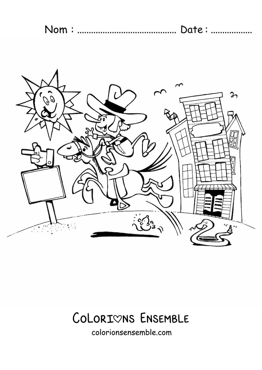Coloriage d'un cow-boy de dessin animé chevauchant par une journée ensoleillée
