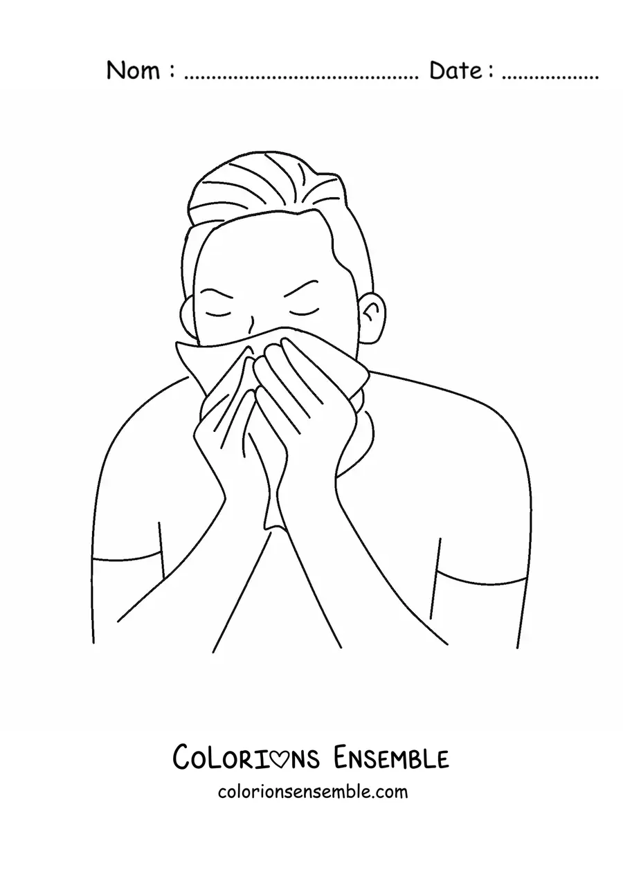 Coloriage d'un homme couvrant son nez avec un mouchoir en éternuant