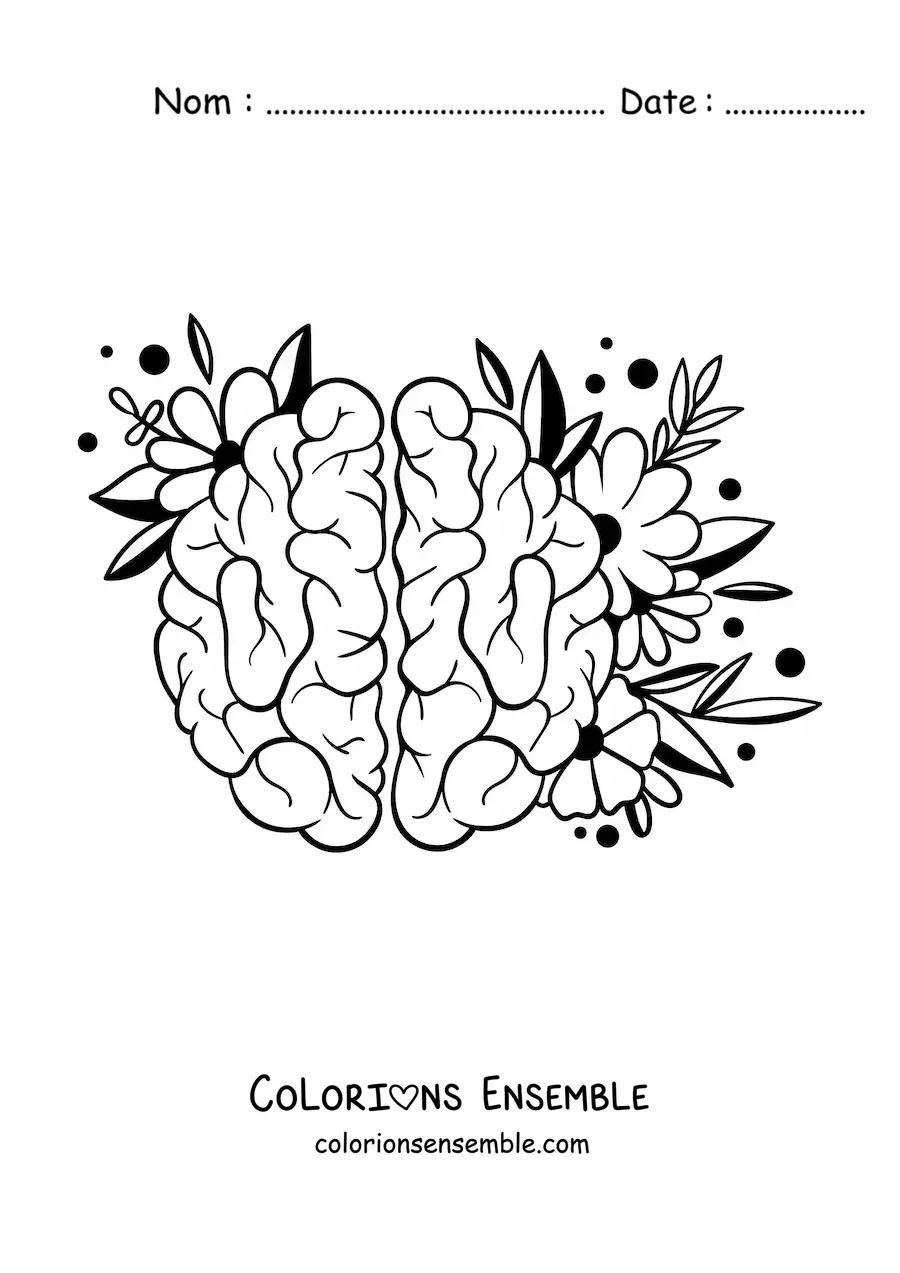 Coloriage d'un joli cerveau orné de fleurs