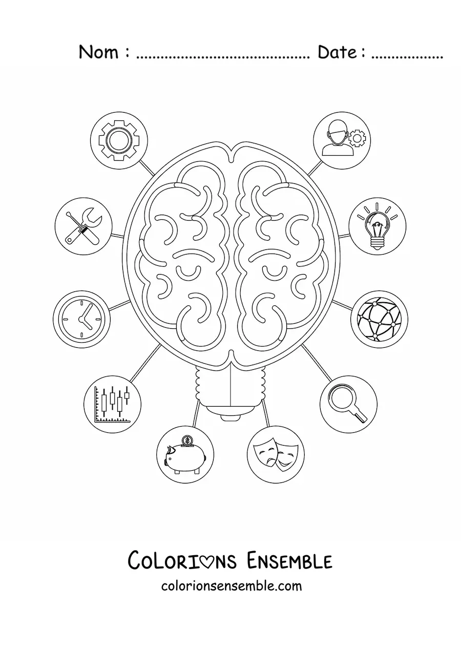 Coloriage d'un cerveau entouré de symboles représentant la pensée, les émotions et l'intelligence