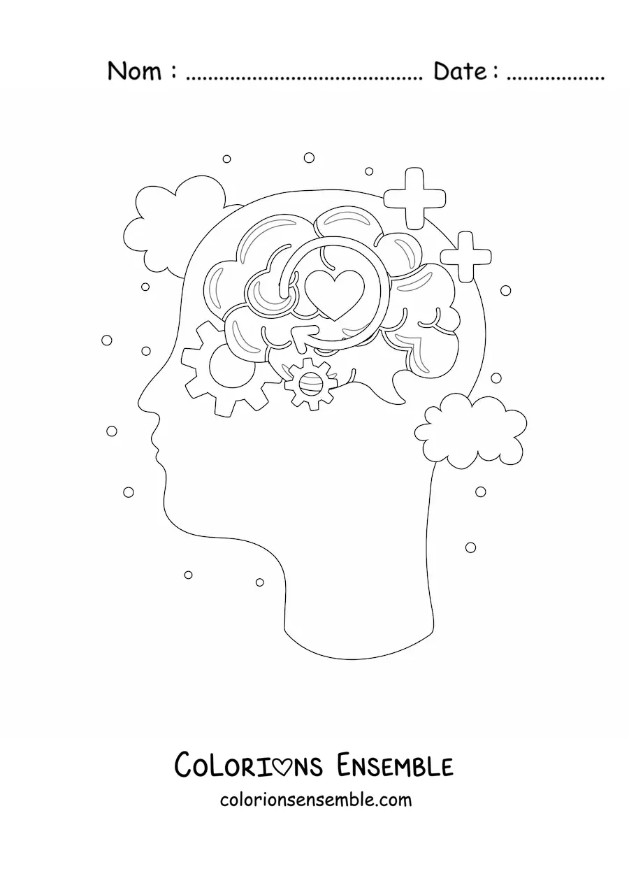 Coloriage d'une tête humaine avec un cerveau entouré de symboles de la pensée, des émotions et de l'intelligence
