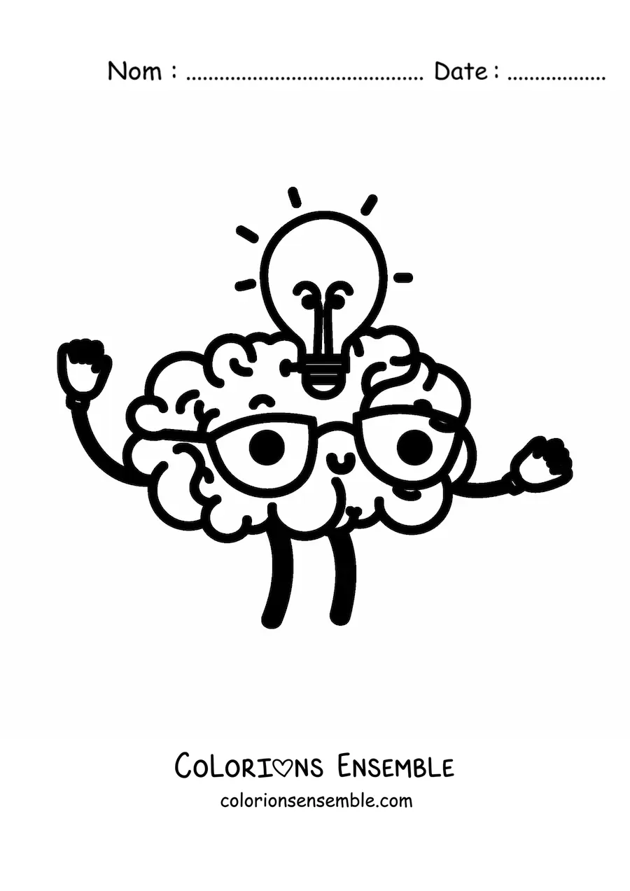 Coloriage d'un cerveau kawaii ayant une idée, avec des lunettes et une ampoule
