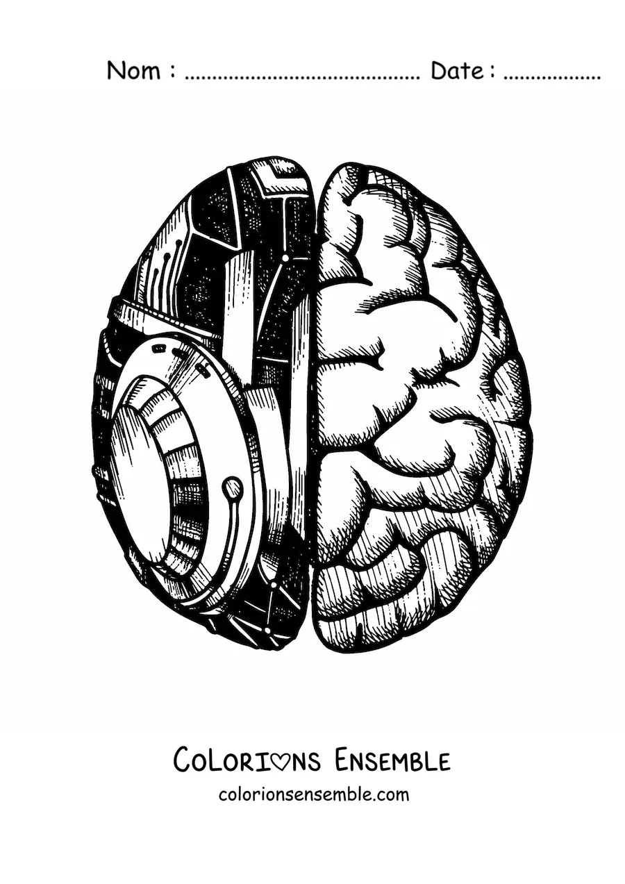 Coloriage d'un cerveau avec des parties robotiques vu de dessus