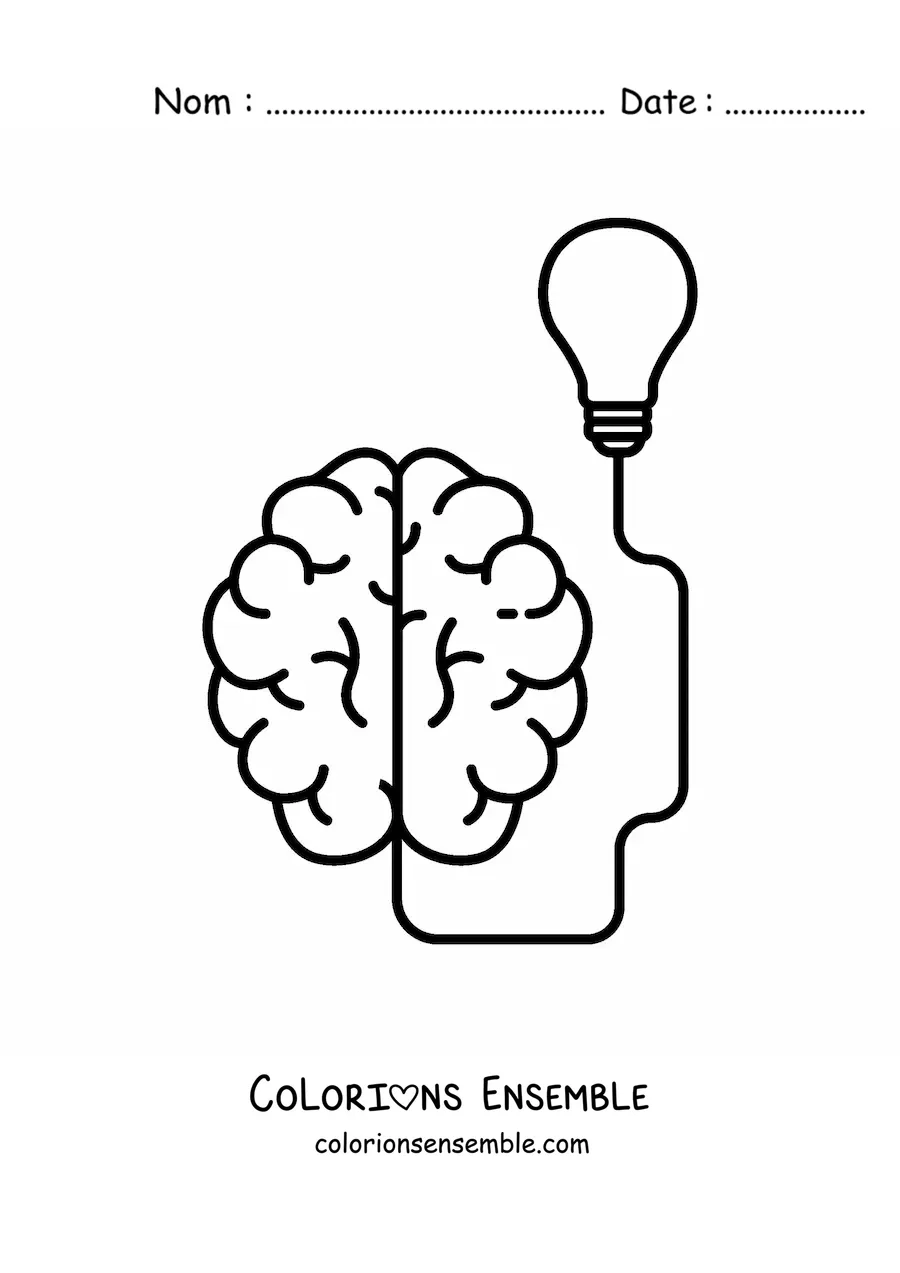 Coloriage d'un cerveau ayant une idée, relié à une ampoule