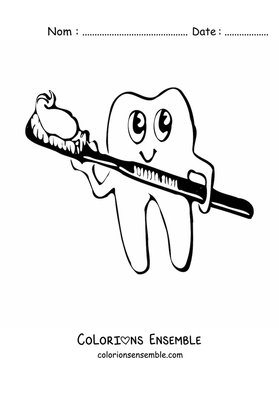 Coloriage d'une dent rigolote souriante tenant une brosse avec du dentifrice