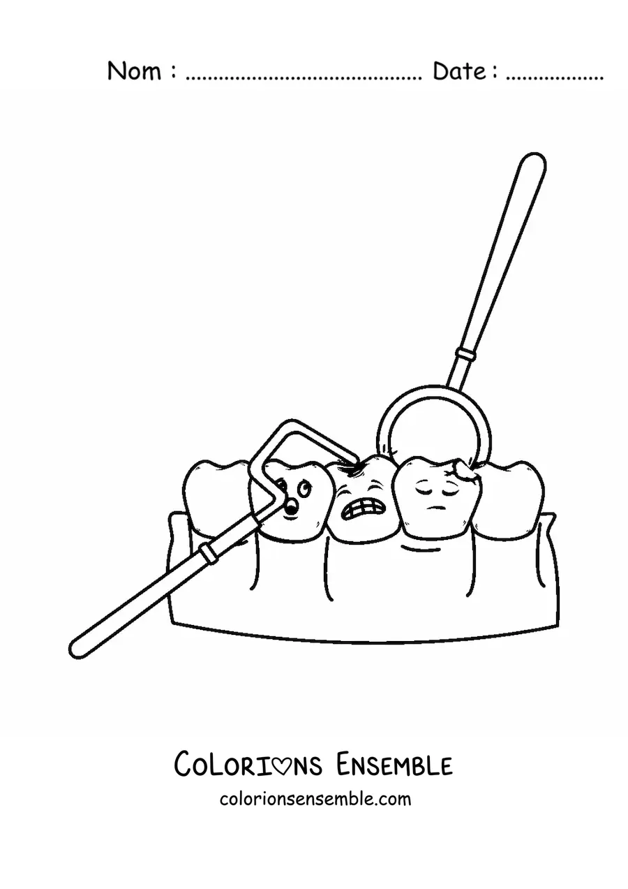 Coloriage de dents rigolotes avec des caries et des instruments de dentiste